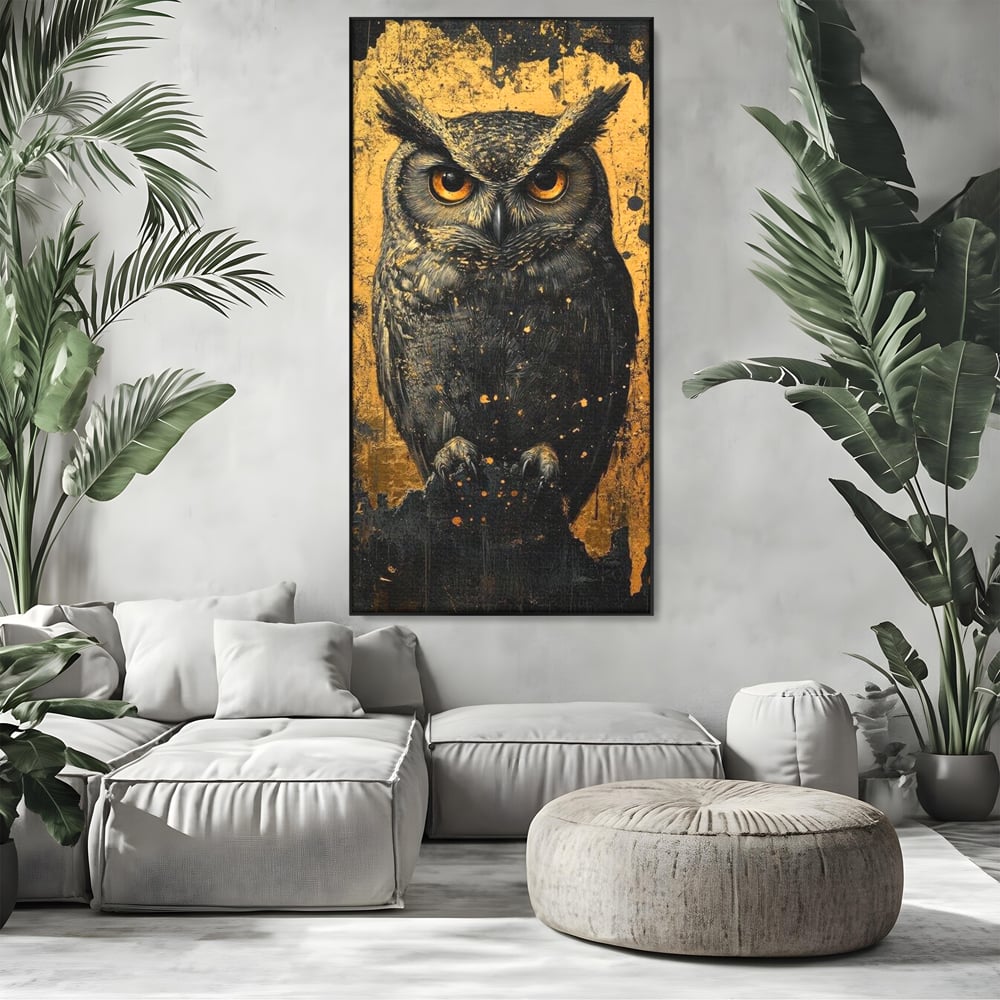 Tablou canvas cu tablou canvas cu bufnita neagra si fundal auriu, in rama de aluminiu negru, pe perete intr-un living